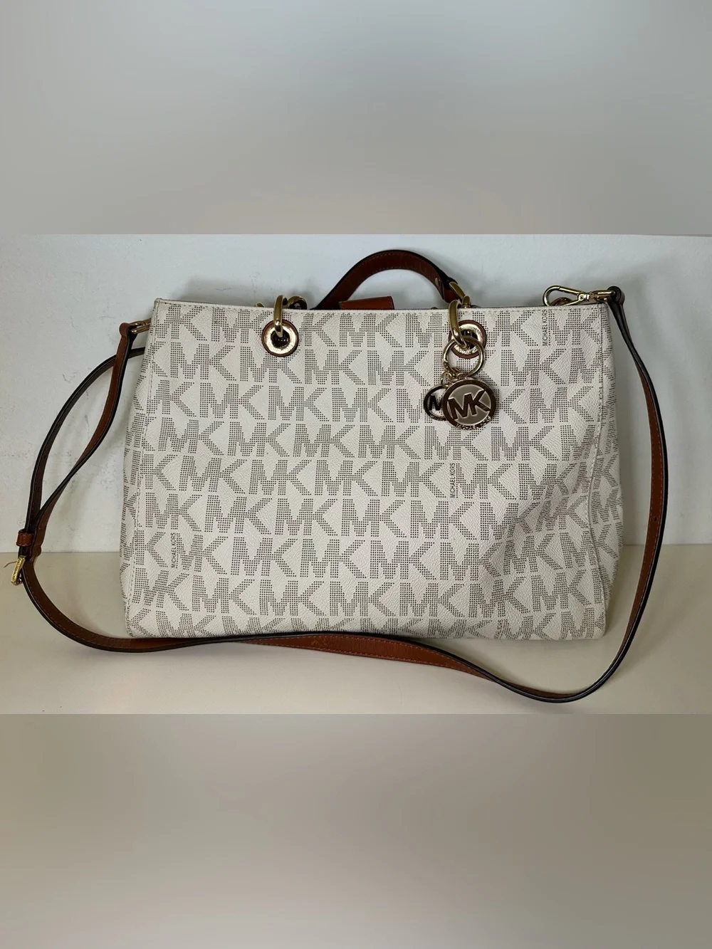 Michael Kors Cream Signature MK Logo Tote with Brown Leather Trim